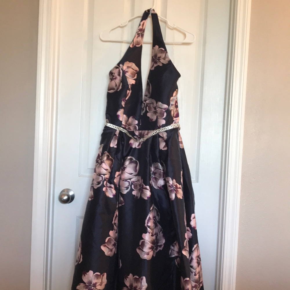 Navy blue floral ball gown